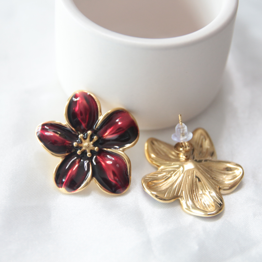 Boucles d'oreilles fleur métal bordeaux - FLORA