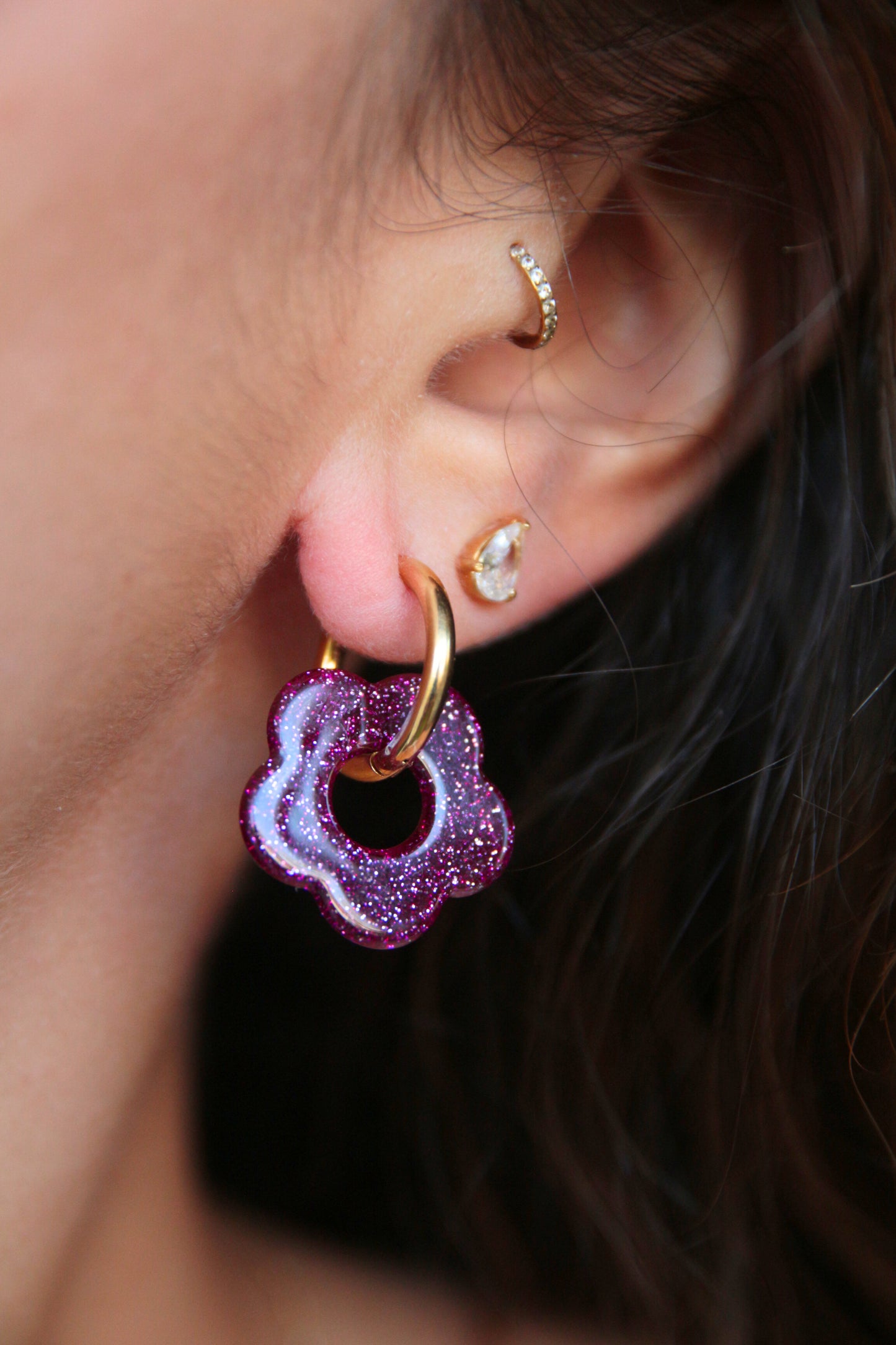 Boucles d'oreilles fleurs paillettes prune - FLORA