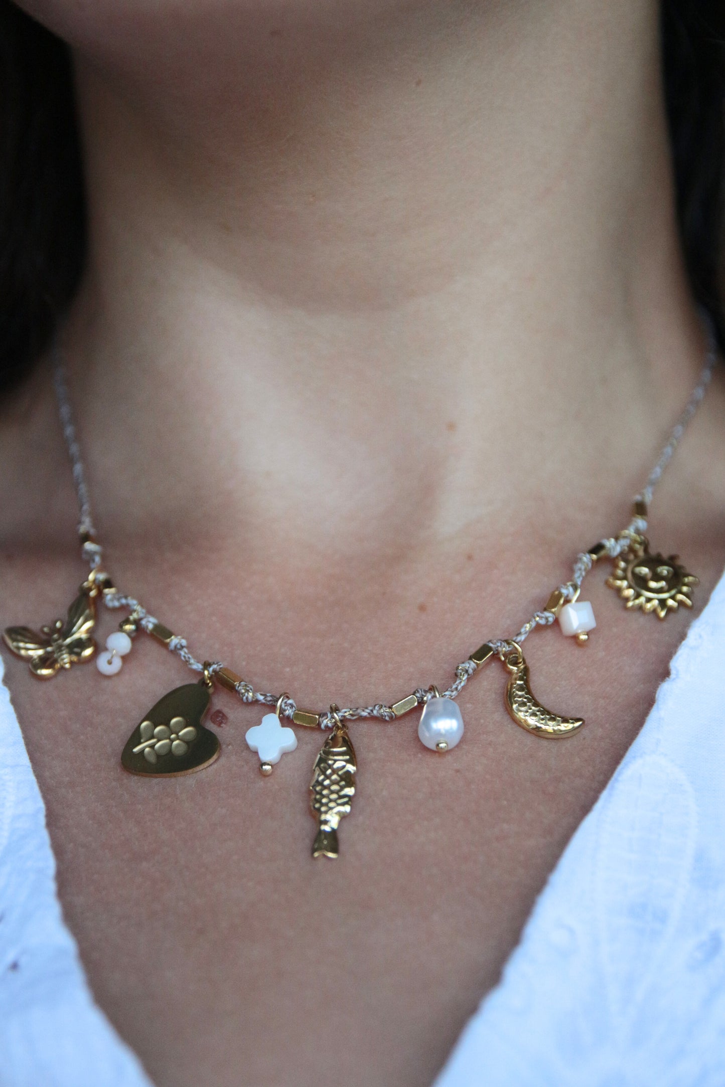 Collier cordons breloque taupe - ANDREA