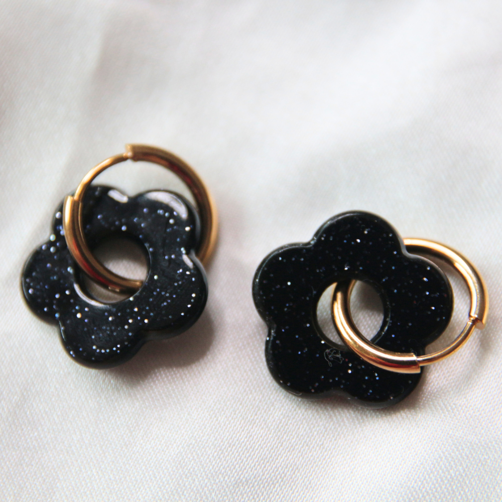 Boucles d'oreilles fleurs paillettes noir - FLORA