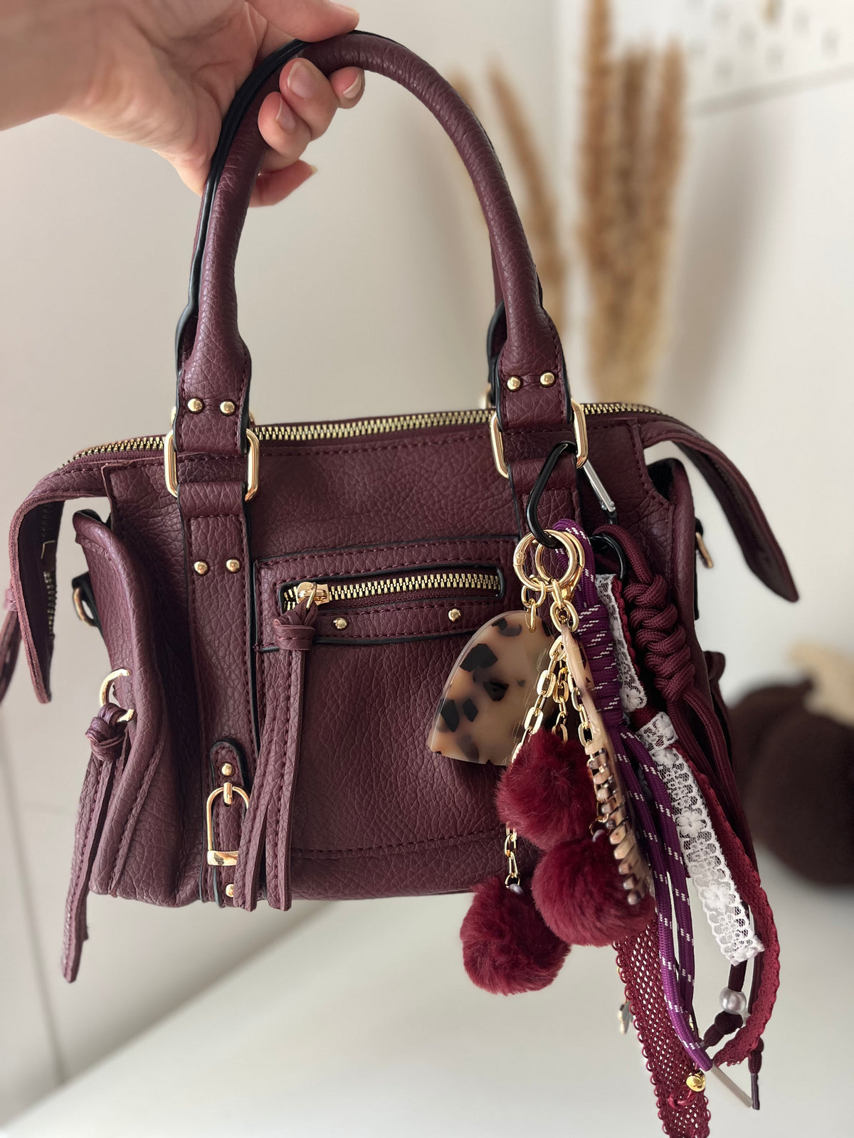 Grigri pompom peigne et miroir bordeaux & léopard