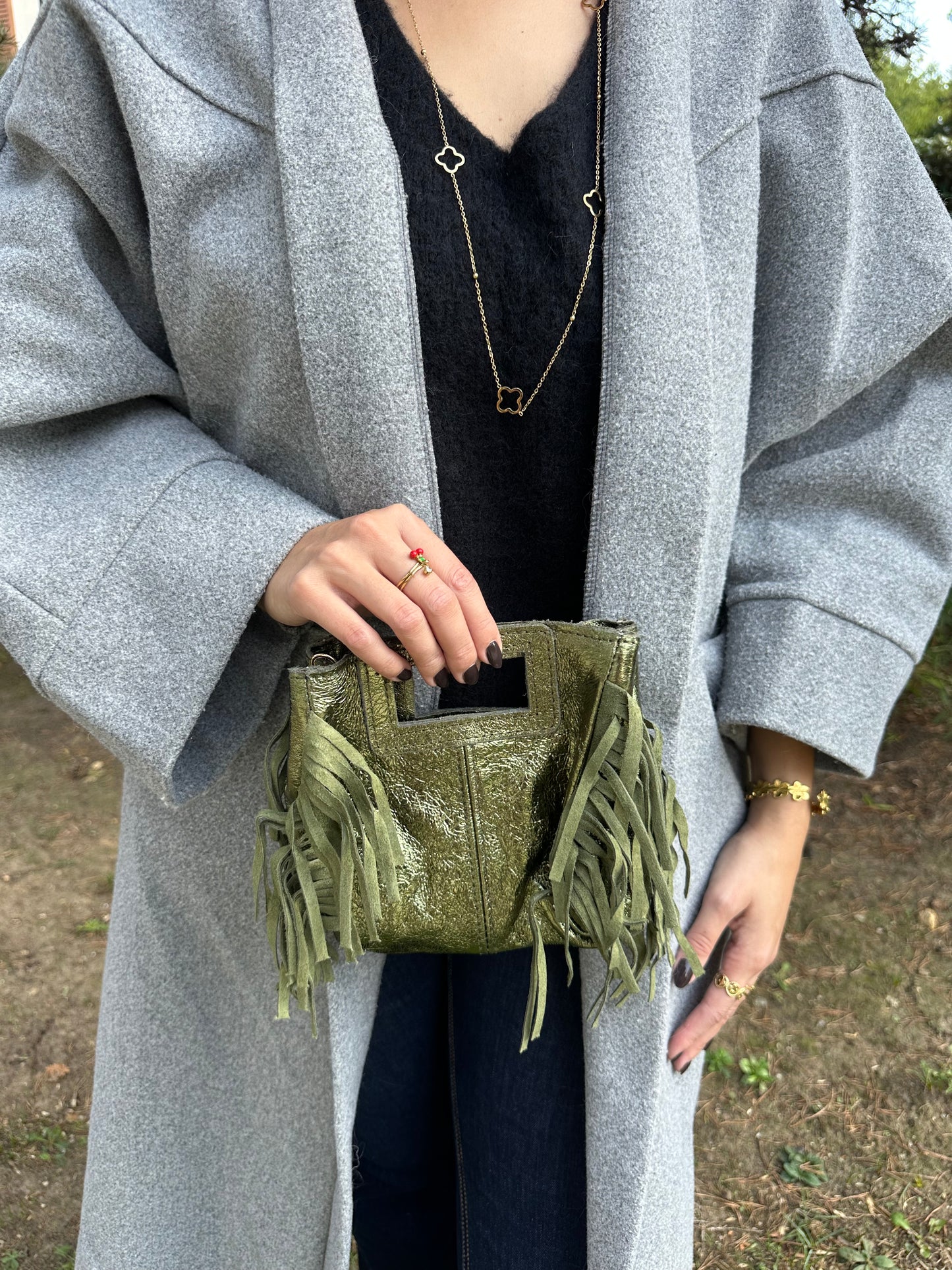 Sac bandoulière cuir irisé kaki - MAYA