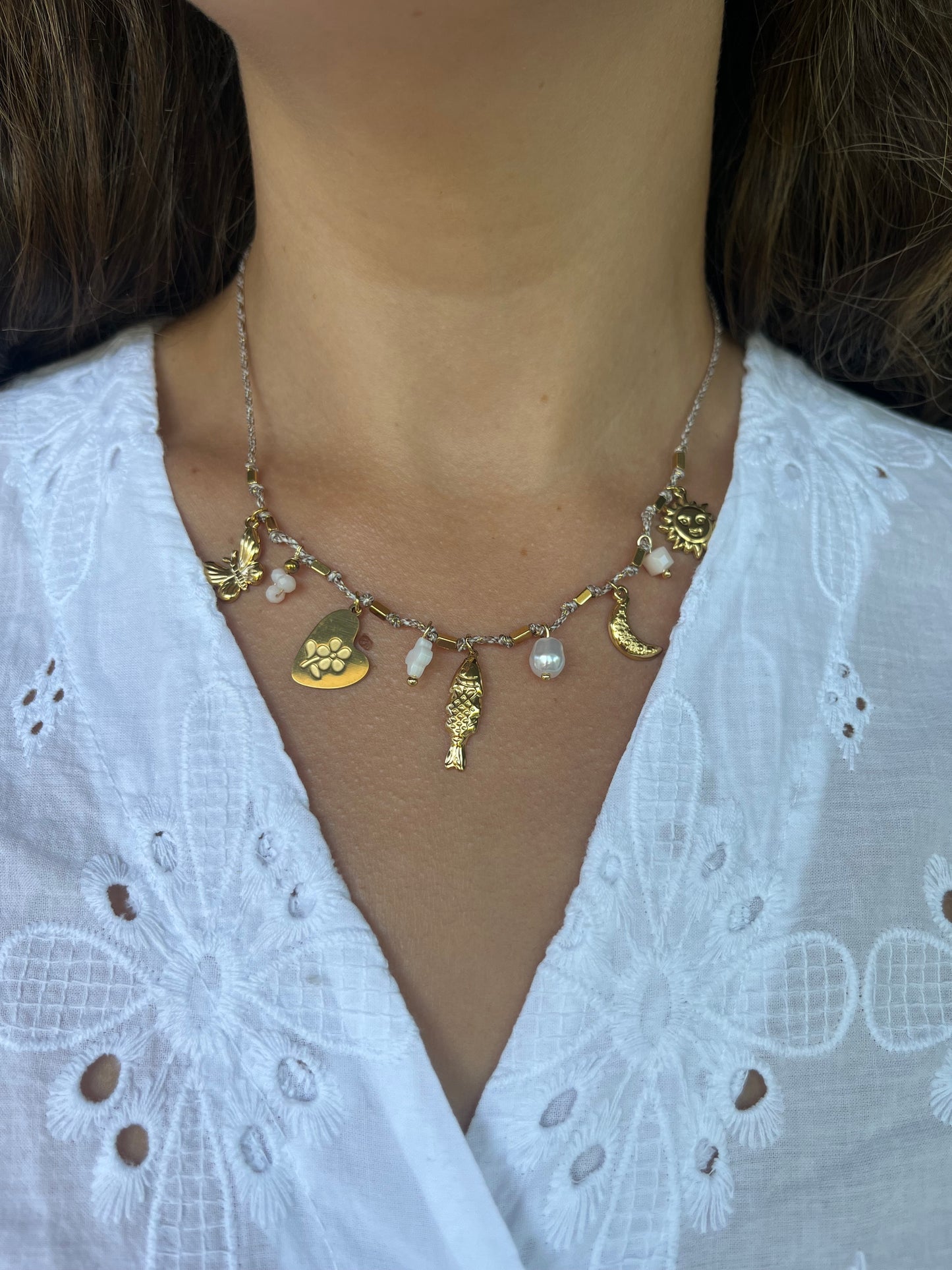 Collier cordons breloque taupe - ANDREA