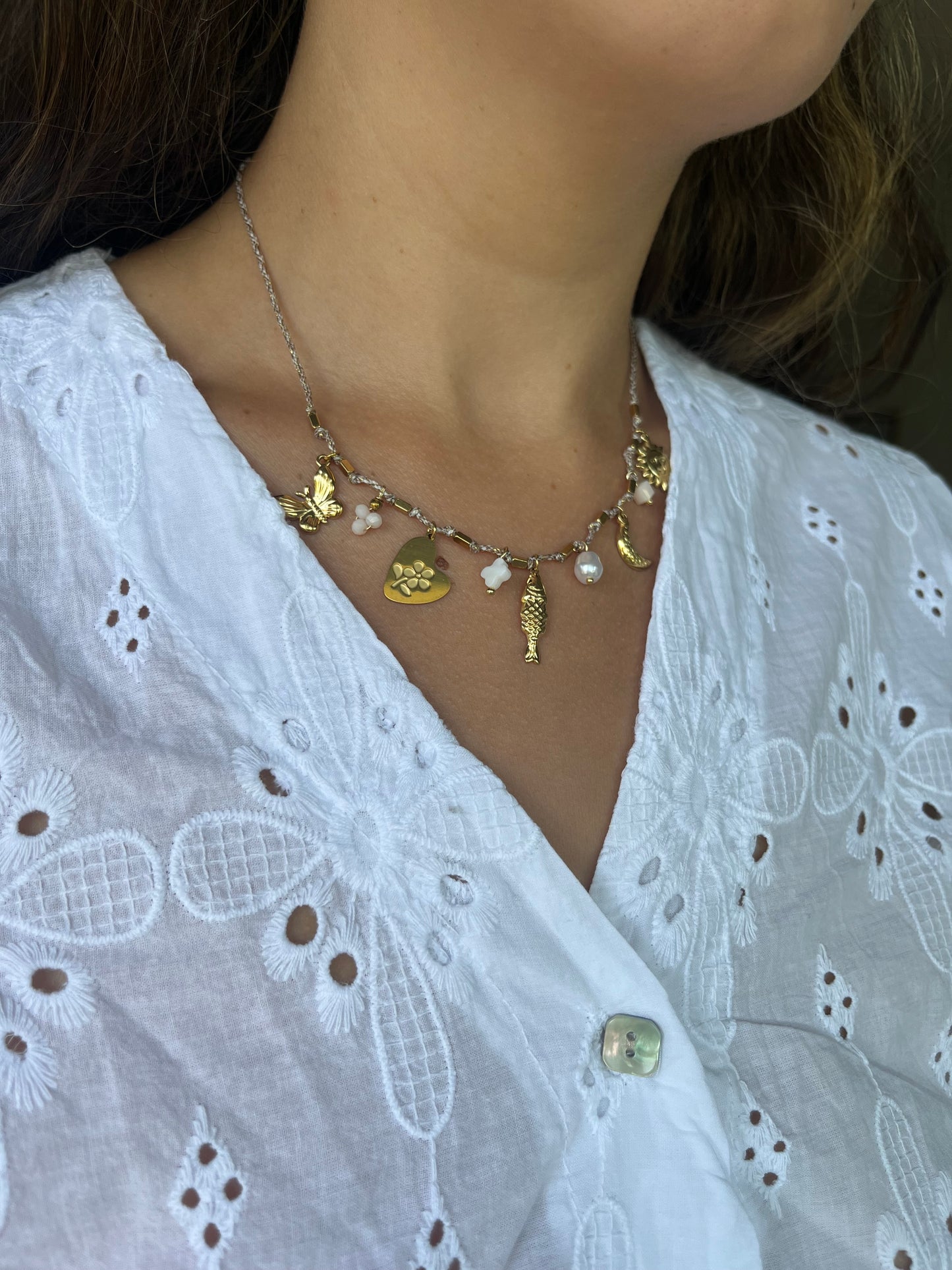 Collier cordons breloque taupe - ANDREA