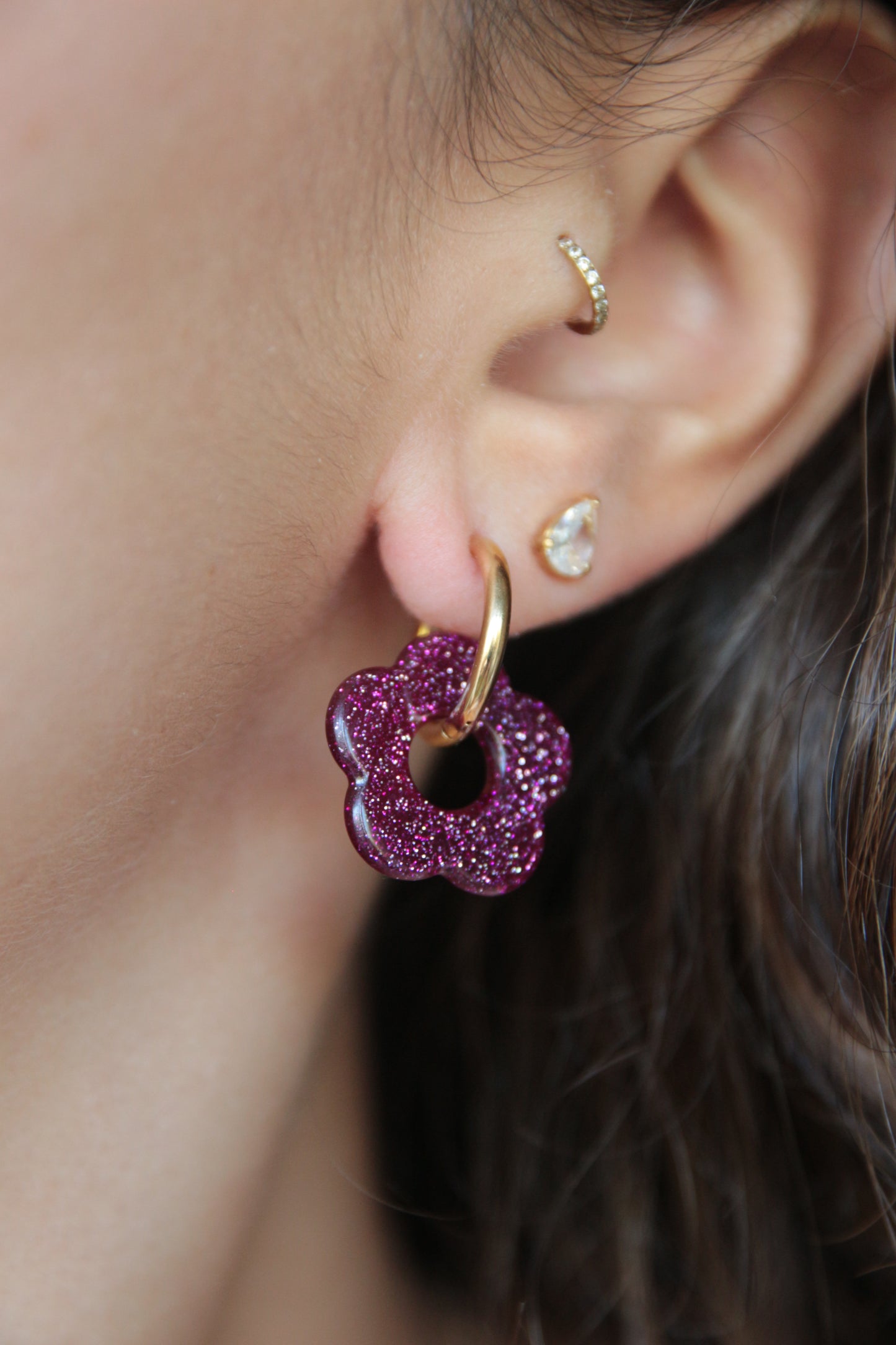 Boucles d'oreilles fleurs paillettes prune - FLORA