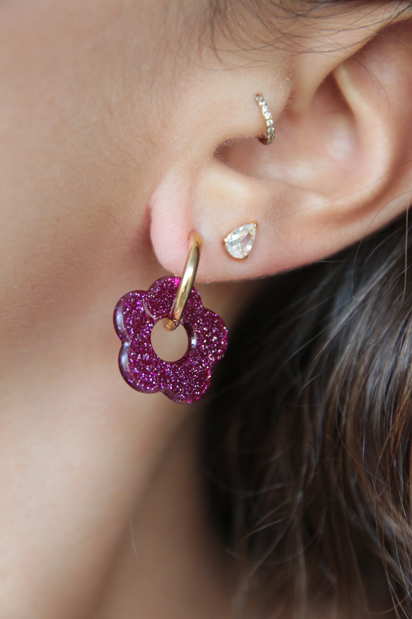 Boucles d'oreilles fleurs paillettes prune - FLORA