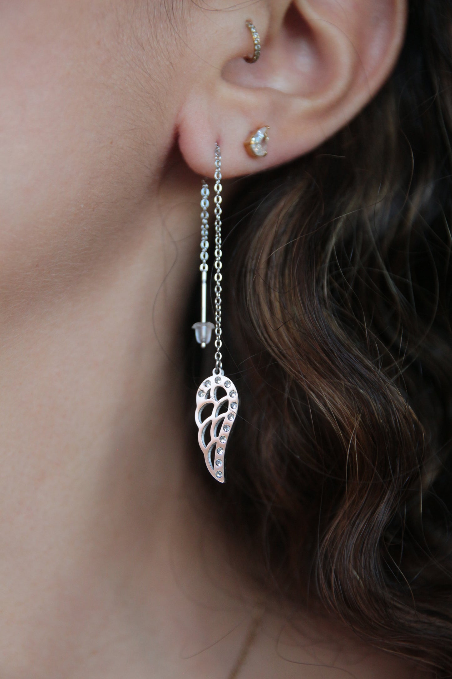 Boucles d'oreilles chaîne aile argenté - ANGEL