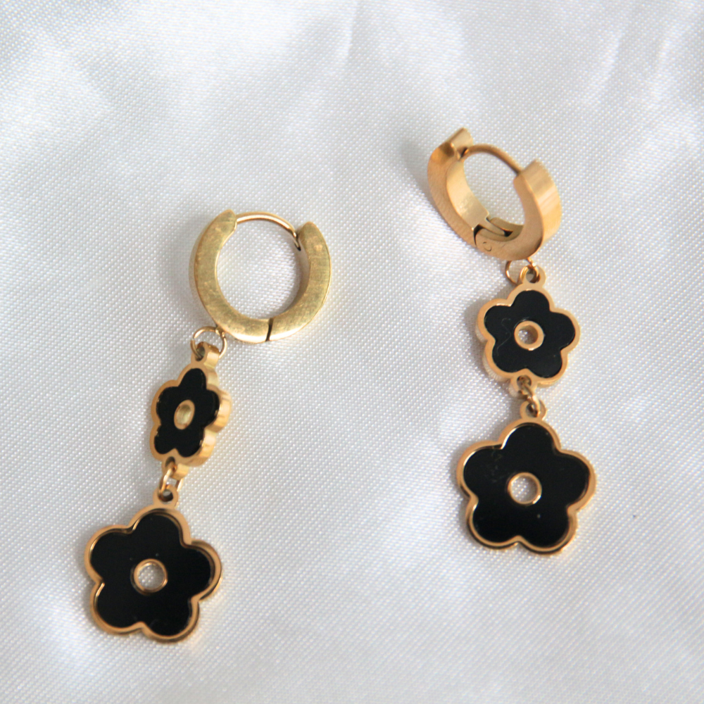 Boucles d'oreilles pendantes fleurs noires - Flora