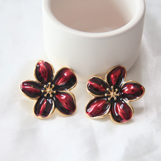 Boucles d'oreilles fleur métal bordeaux - FLORA