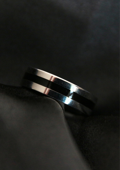 Bague homme anneau noir et argent