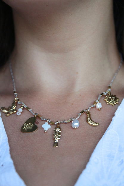Collier cordons breloque taupe - ANDREA