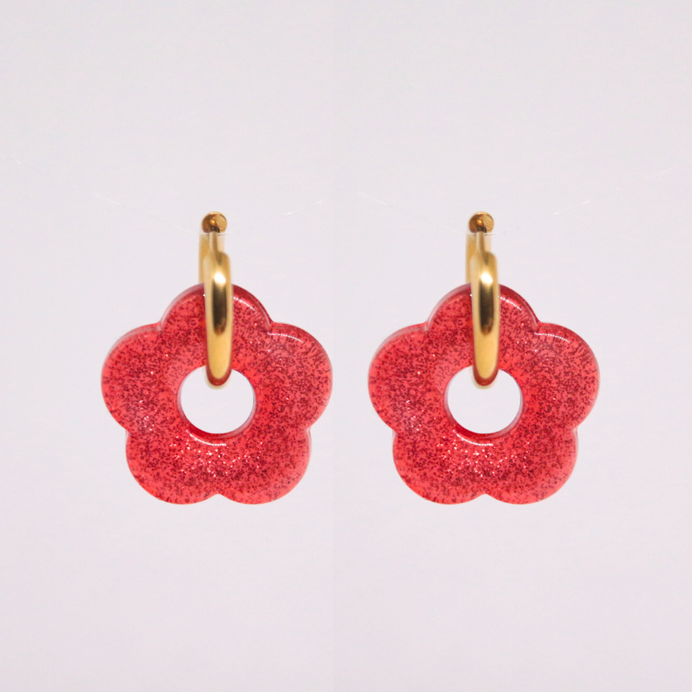 Boucles d'oreilles fleur résine rouge paillette - FLORINE