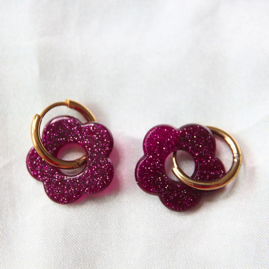 Boucles d'oreilles fleurs paillettes prune - FLORA