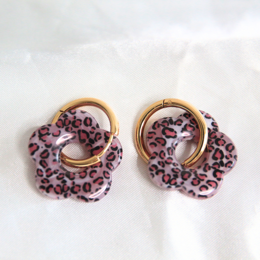 Boucles d'oreilles fleurs résine léopard rose - Florine