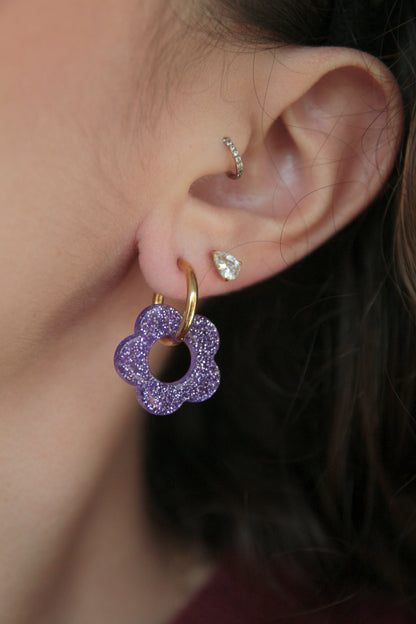Boucles d'oreilles fleur résine paillette Lila - FLORE