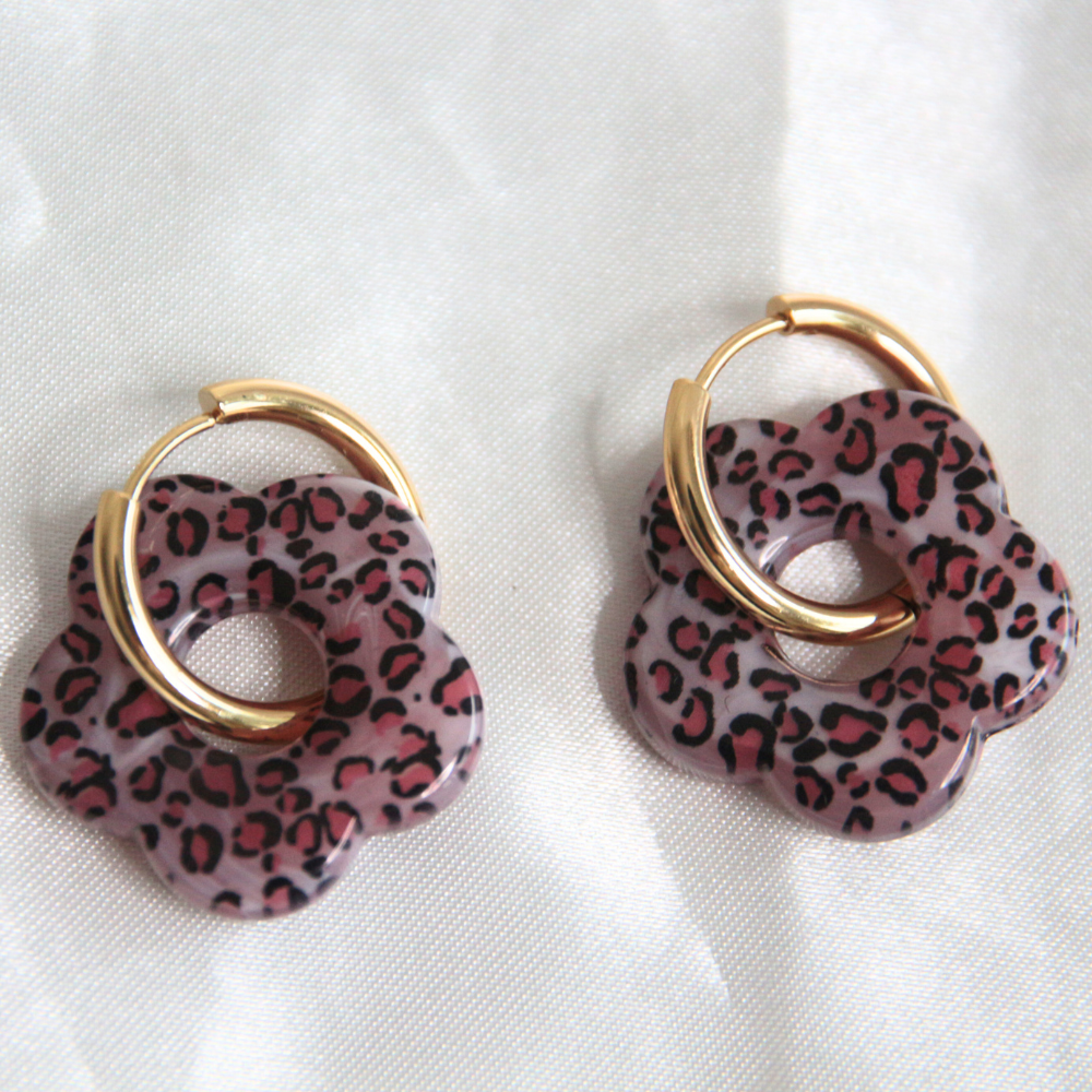 Boucles d'oreilles fleurs résine léopard rose - Florine