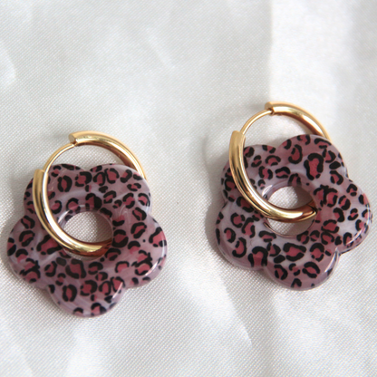 Boucles d'oreilles fleurs résine léopard rose - Florine