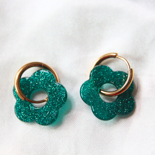 Boucles d'oreilles fleurs paillettes bleu canard - FLORA