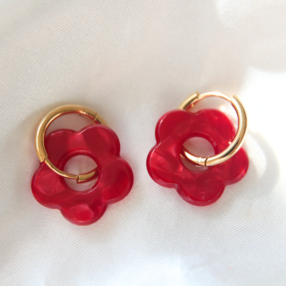 Boucles d'oreilles fleur résine rouge marbré - FLORE