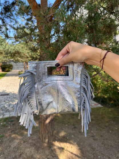 Sac bandoulière cuir irisé argenté - MAYA