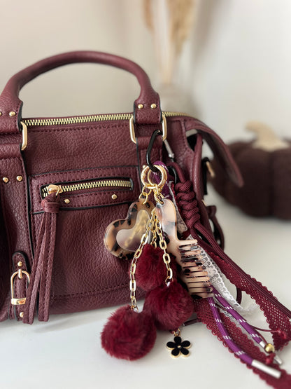 Grigri pompom peigne et miroir bordeaux & léopard