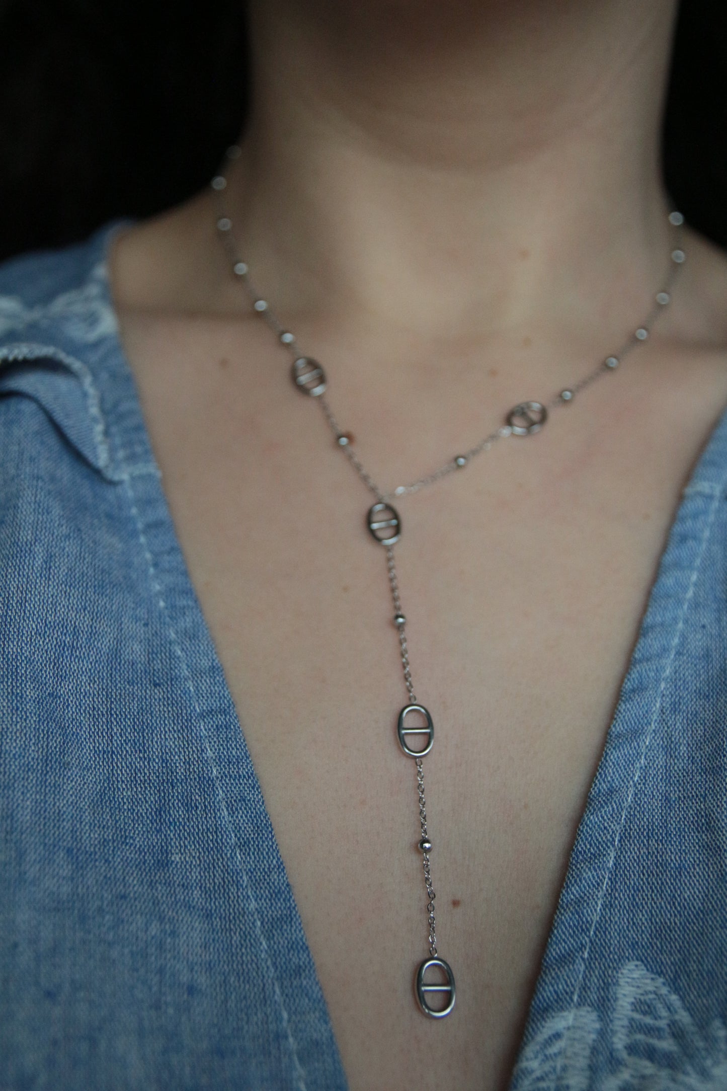 Collier Y marine argenté