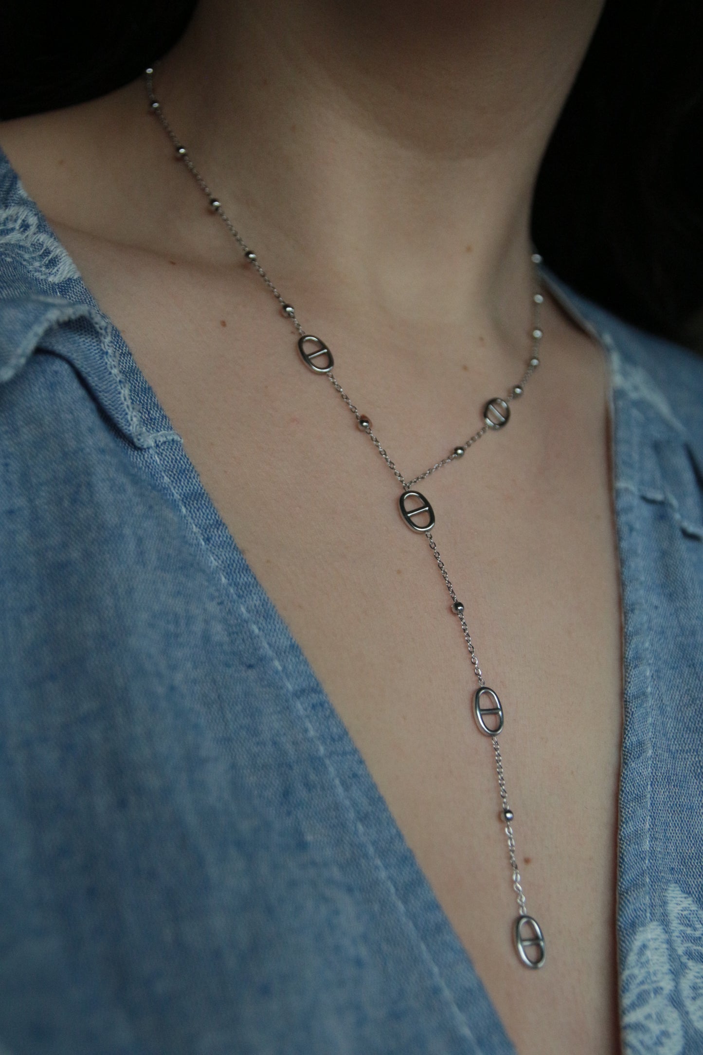 Collier Y marine argenté