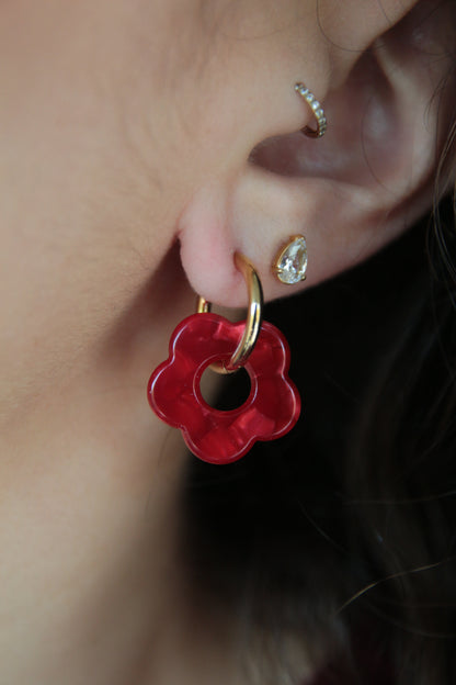 Boucles d'oreilles fleur résine rouge marbré - FLORE