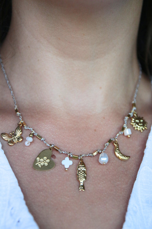 Collier cordons breloque taupe - ANDREA