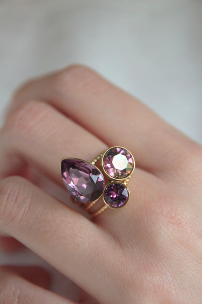 Bague cristaux gouttes prune